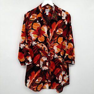 Chicos 3 Tunic Top Shirt Blouse 100% Linen 3/4 Sleeve Floral Orange Black Red XL